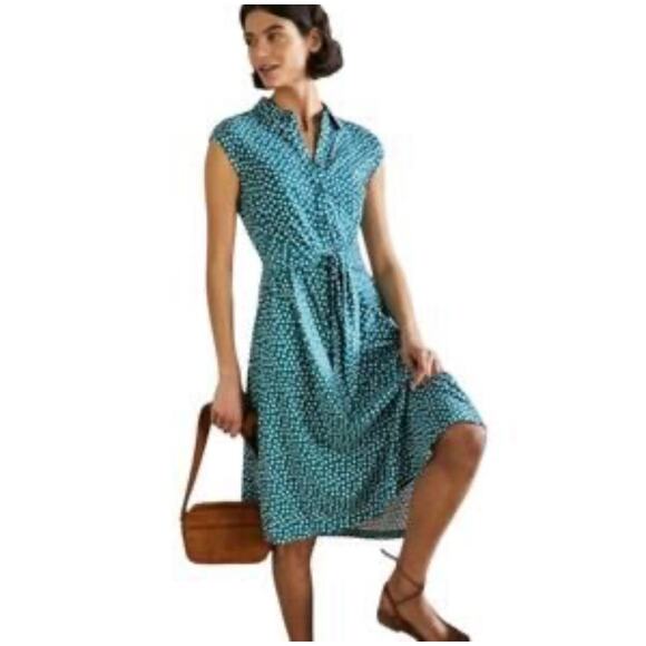 Boden Cap Sleeve Midi Dress Green Polka Dot White Belted Jersey Knit Modest 8P - Picture 1 of 10